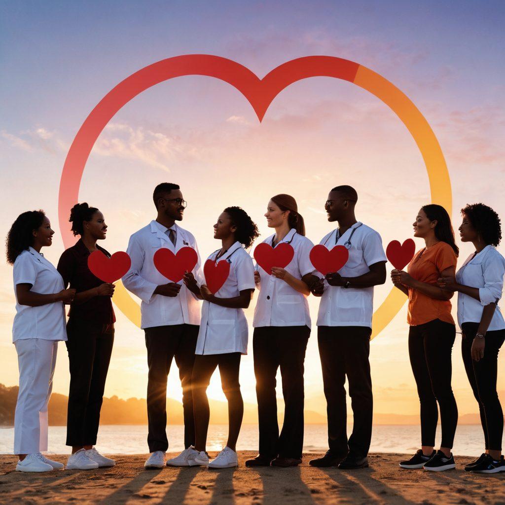 A diverse group of individuals, standing confidently in a circle, each holding a symbol of empowerment like a heart, medical chart, or megaphone. In the background, a sunrise symbolizes hope and new beginnings, with soft rays illuminating their faces. The scene embodies unity, strength, and an advocacy for health choices. vibrant colors. super-realistic.