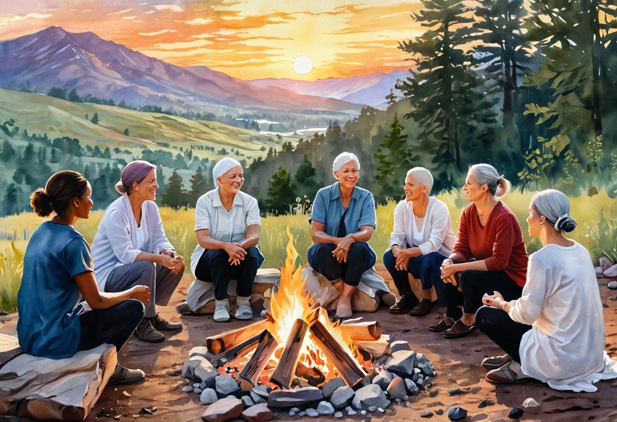 A serene landscape depicting a diverse group of cancer survivors sharing their stories around a luminous campfire, with supportive gestures and expressions, surrounded by nature's beauty. Soft lighting casts a hopeful glow on their faces, symbolizing empowerment and resilience. In the background, gentle hills and a sunrise represent new beginnings. watercolor painting. warm tones. inspirational.