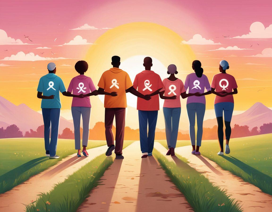 An empowering illustration of a diverse group of people standing together, each holding a symbol of hope, such as a ribbon or lantern. In the background, a soft pathway leading towards a sunrise symbolizes the journey through cancer. Surrounding the group are various resource icons, like a support group, a medical guide, and wellness symbols. The overall mood is uplifting and supportive. vibrant colors. super-realistic.
